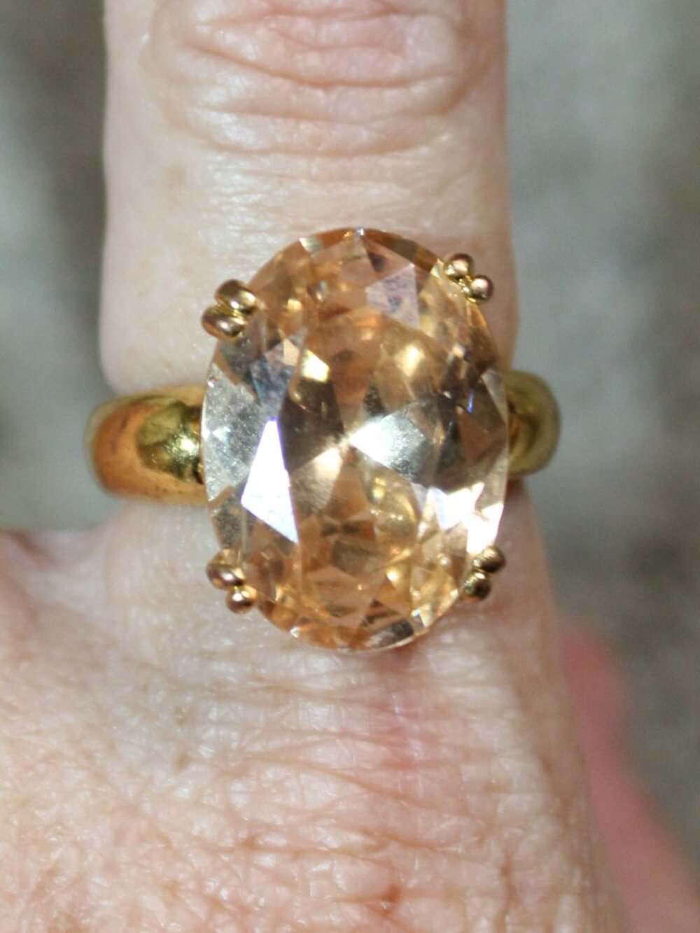 Gold-tone Size 7.5 Large Peach-Colored Crystal Stone Cocktail Ring